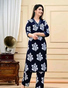 Navy Blue Floral Print Kurta with pant
