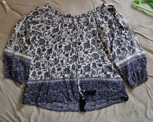 Blue and White Floral Print Top