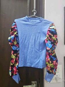 Blue Top with Floral Puff Sleeves