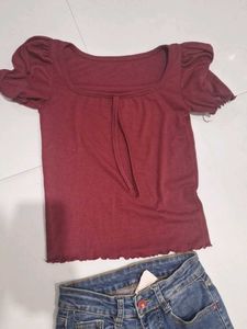 Maroon Puff Sleeve Top with Patched Jeans