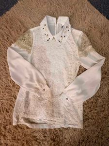 Elegant White Lace Blouse with Pearl Collar