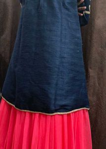 Pink Net Full Length Gown Blue Embroidery Coat