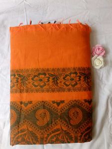 Orange Printed Cotton Saree