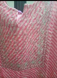 Pink Striped Kurta with Embellished Neckline