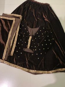 Elegant Brown Velvet Lehenga Choli Set