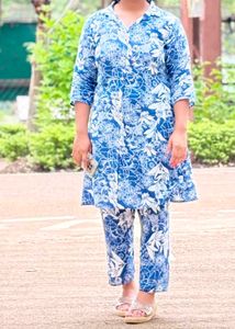 Elegant Blue Floral Printed Kurti Dress