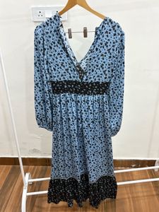 Ditsy Floral Pastel Blue-Black Print Midi Dress