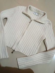 Bershka White Ribbed Knit Zip-Up Top