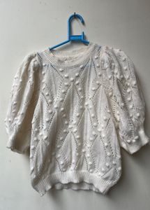 Cream Textured Puff Sleeve Sweater