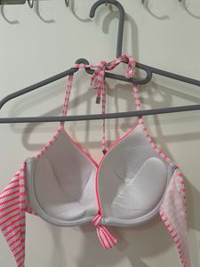 Chic Pink &amp; White Striped Tie-Front Halter Bikini