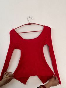 Red Ribbed Wrap Top