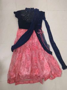 Elegant Navy Blue Top & Peach Color Skirt Lehenga