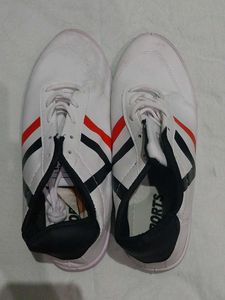 White Sports Shoes with Red & Black Stripes