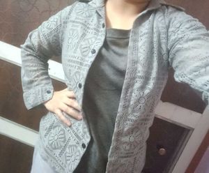 Stylish Grey Lace Button-Up Shirt
