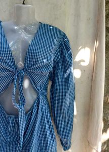 Blue Gingham Tie Front Cutout Dress