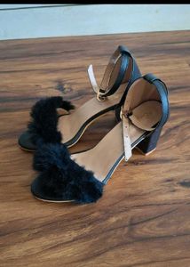 Black Feather Accent Block Heels
