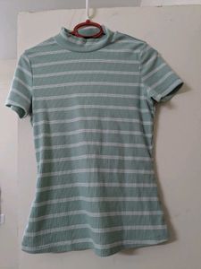 Striped Ribbed High Neck T-shirt