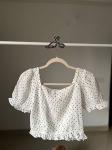 White Polka Dot Puff Sleeve Crop Top