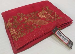 Stunning Red Saree with Golden Peacock Embroidery