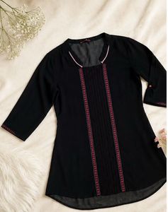 Black Embroidered Georgette Kurti Top | 3/4 Sleeve