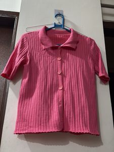 Pink Ribbed Knit Button-Up Top