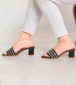 New Black And Silver Strip Low Heel