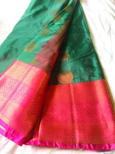 Bottlegreen Pure Silk Saree+Gold Peacock motifs