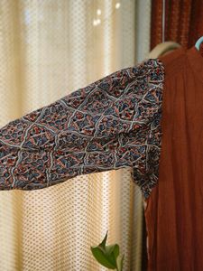 Rust Ajrakh Puff Sleeve Gown