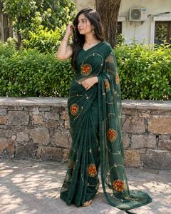 Elegant Green Embroidered Saree
