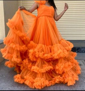 Elegant Orange Ruffled Gown