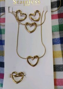 Gold Heart Necklace, Earrings & Ring Set