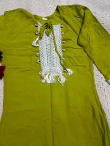 Lime Green Kurta Set with Lace Details