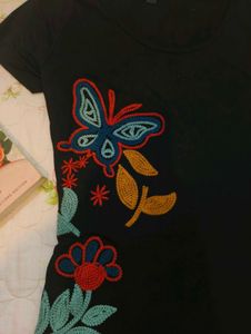 Black T-Shirt with Embroidered Butterfly