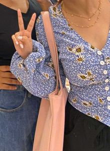 Blue Floral Button-Up Blouse