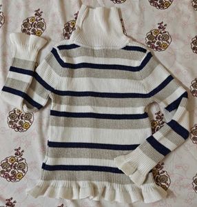 Striped Turtleneck Sweater with Ruffle Trim