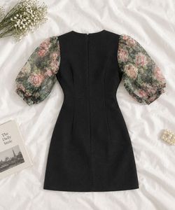 Chic Black Dress with Floral Puff Sleeves