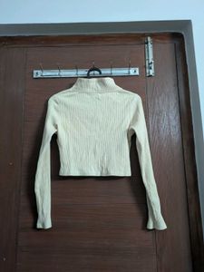 Beige Ribbed Mock Neck Crop Top