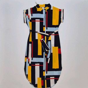 Abstract Print Belted Shirt Dress Geometric prin