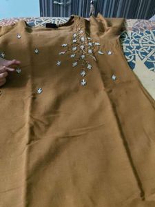 Beautiful Mustard Golden Stiched Pearl kurta