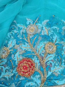 Teal Blue &amp; Gold Embellished Saree