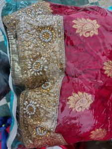 Elegant Red &amp; Gold white net Saree
