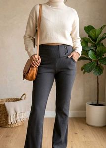 Ribbed Flare Pants with Button Detail