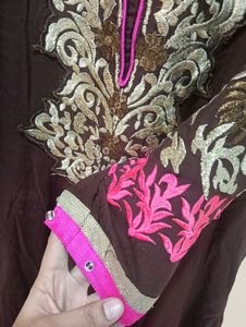 Embroidery Coffee BrownGown With Dupatta