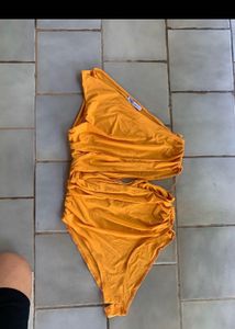 Orange Ruched One-Shoulder Bodysuit