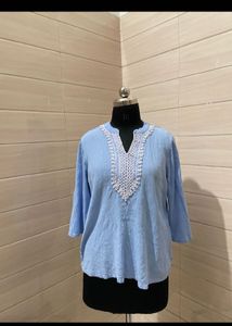Light Blue Embroidered V-Neck Kurta