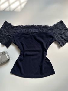 Navy Lace Trim Off-Shoulder Top