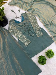 Elegant Green Embroidered Kurta Sharara Set