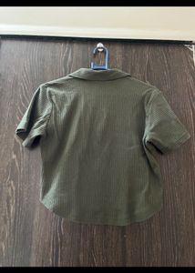 Olive Green Ribbed Button-Up Crop Top