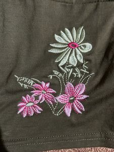 Olive Green V-Neck Top with Floral Embroidery