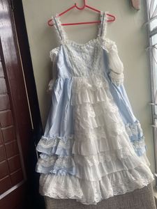 Elegant Blue &amp; White Lace Gown